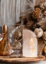 Menu glamour nowoczesna forma karty drinków i deserów, akrylowe menu weselne, stojąca karta dań i napojów, menu weselne w stylu glamour, karta drinków, złote menu weselne 3