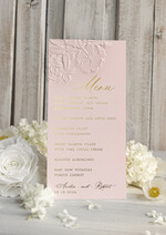 Menu glamour weselne menu karta potraw weselnych, złote i eleganckie na klasyczne wesele, menu weselne z tłoczonymi kwiatami, karta dań weselnych 0