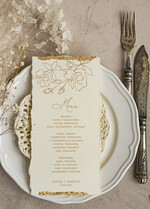 Menu glamour darte menu weselne, karta dań zdobiona płatkami złota, menu na stoły weselne ozdobione złotem, złote menu ślubne0