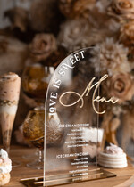 Menu glamour karta deserów na weselu, akrylowe menu weselne, stojąca karta dań, menu weselne w stylu glamour, karta drinków, złote menu weselne9