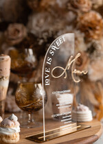 Menu glamour karta deserów na weselu, akrylowe menu weselne, stojąca karta dań, menu weselne w stylu glamour, karta drinków, złote menu weselne1