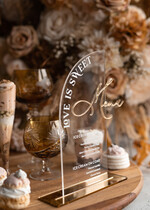 Menu glamour karta deserów na weselu, akrylowe menu weselne, stojąca karta dań, menu weselne w stylu glamour, karta drinków, złote menu weselne2