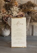 Menu glamour karta dań weselnych menu weselne plan podawania posiłków, złote i eleganckie na klasyczne wesele, menu weselne ze złotem, karta dań z płatkami złota 3