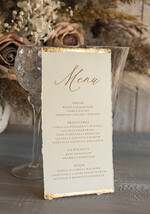 Menu glamour karta dań weselnych menu weselne plan podawania posiłków, złote i eleganckie na klasyczne wesele, menu weselne ze złotem, karta dań z płatkami złota 0
