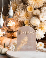 Menu glamour eleganckie menu weselne w beżowych kolorach, karta dań z pleksy, weselne menu do postawienia na stole, złote menu na stół weselny, złote menu12