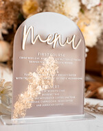 Menu glamour eleganckie menu weselne w beżowych kolorach, karta dań z pleksy, weselne menu do postawienia na stole, złote menu na stół weselny, złote menu1