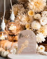 Menu glamour eleganckie menu weselne w beżowych kolorach, karta dań z pleksy, weselne menu do postawienia na stole, złote menu na stół weselny, złote menu2