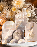 Menu glamour eleganckie menu weselne w beżowych kolorach, karta dań z pleksy, weselne menu do postawienia na stole, złote menu na stół weselny, złote menu8