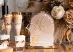 Menu glamour elegancka forma karty deserów na weselu, akrylowe menu weselne, stojąca karta deserów, menu weselne w stylu glamour, złote menu weselne10