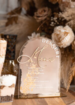 Menu glamour elegancka forma karty deserów na weselu, akrylowe menu weselne, stojąca karta deserów, menu weselne w stylu glamour, złote menu weselne9