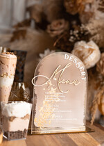 Menu glamour elegancka forma karty deserów na weselu, akrylowe menu weselne, stojąca karta deserów, menu weselne w stylu glamour, złote menu weselne8