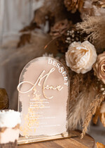 Menu glamour elegancka forma karty deserów na weselu, akrylowe menu weselne, stojąca karta deserów, menu weselne w stylu glamour, złote menu weselne6
