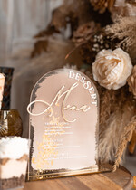 Menu glamour elegancka forma karty deserów na weselu, akrylowe menu weselne, stojąca karta deserów, menu weselne w stylu glamour, złote menu weselne5