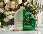 Menu glamour menu ślubne, karta dań na wesele, karta menu na wesele, zielone menu weselne, menu z zielonej pleksy5