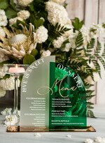 Menu glamour menu ślubne, karta dań na wesele, karta menu na wesele, zielone menu weselne, menu z zielonej pleksy3