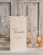 Menu glamour eleganckie menu na ttół weselny, karta dań weselnych, menu weselne z perełkami, karta podawania dań na weselu menu z perełkami, delikatne menu weselne 3