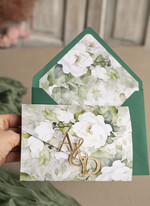 Zestawy Próbkowe próbki zaproszeń Próbka Poziome złote zaproszenia ślubne z lustrzanym monogramem, Kopertowe biało zielone zaproszenie na ślub złocone, zaproszenia na slub cywilny peonie 1