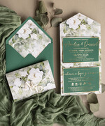 Zestawy Próbkowe próbki zaproszeń Próbka Poziome złote zaproszenia ślubne z lustrzanym monogramem, Kopertowe biało zielone zaproszenie na ślub złocone, zaproszenia na slub cywilny peonie 12