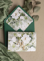 Zestawy Próbkowe próbki zaproszeń Próbka Poziome złote zaproszenia ślubne z lustrzanym monogramem, Kopertowe biało zielone zaproszenie na ślub złocone, zaproszenia na slub cywilny peonie 3