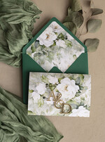 Zestawy Próbkowe próbki zaproszeń Próbka Poziome złote zaproszenia ślubne z lustrzanym monogramem, Kopertowe biało zielone zaproszenie na ślub złocone, zaproszenia na slub cywilny peonie 4