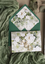 Zestawy Próbkowe próbki zaproszeń Próbka Poziome złote zaproszenia ślubne z lustrzanym monogramem, Kopertowe biało zielone zaproszenie na ślub złocone, zaproszenia na slub cywilny peonie 7