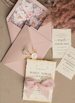 Zestawy Próbkowe próbki zaproszeń Próbka darte złocone zaproszenia ślubne z perełkami, różowe peonie zaproszenie na ślub z perełkam, rwane złocone zaproszenie na ślub cywilny perły i piwonie19