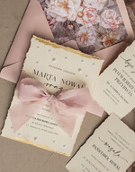 Zestawy Próbkowe próbki zaproszeń Próbka darte złocone zaproszenia ślubne z perełkami, różowe peonie zaproszenie na ślub z perełkam, rwane złocone zaproszenie na ślub cywilny perły i piwonie8