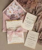 Zestawy Próbkowe próbki zaproszeń Próbka darte złocone zaproszenia ślubne z perełkami, różowe peonie zaproszenie na ślub z perełkam, rwane złocone zaproszenie na ślub cywilny perły i piwonie9