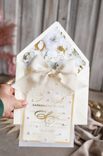 Zestawy Próbkowe próbki zaproszeń Próbka złote zaproszenia ślubne z perełkami, eleganckie zaproszenie na ślub w kalkowym etui,  złocone zaproszenie na ślub cywilny perły2