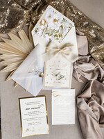 Zestawy Próbkowe próbki zaproszeń Próbka złote zaproszenia ślubne z perełkami, eleganckie zaproszenie na ślub w kalkowym etui,  złocone zaproszenie na ślub cywilny perły10