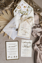 Zestawy Próbkowe próbki zaproszeń Próbka złote zaproszenia ślubne z perełkami, eleganckie zaproszenie na ślub w kalkowym etui,  złocone zaproszenie na ślub cywilny perły11