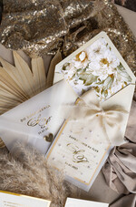 Zestawy Próbkowe próbki zaproszeń Próbka złote zaproszenia ślubne z perełkami, eleganckie zaproszenie na ślub w kalkowym etui,  złocone zaproszenie na ślub cywilny perły15