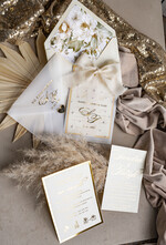 Zestawy Próbkowe próbki zaproszeń Próbka złote zaproszenia ślubne z perełkami, eleganckie zaproszenie na ślub w kalkowym etui,  złocone zaproszenie na ślub cywilny perły17