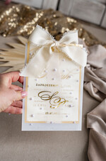 Zestawy Próbkowe próbki zaproszeń Próbka złote zaproszenia ślubne z perełkami, eleganckie zaproszenie na ślub w kalkowym etui,  złocone zaproszenie na ślub cywilny perły4