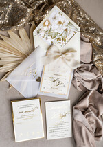 Zestawy Próbkowe próbki zaproszeń Próbka złote zaproszenia ślubne z perełkami, eleganckie zaproszenie na ślub w kalkowym etui,  złocone zaproszenie na ślub cywilny perły9