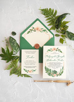 Zaproszenia ślubne Rustykalne i Natura zielone zaproszenia na ślub w stylu rustykalnym z kwiatami i kolorową kokardą 2