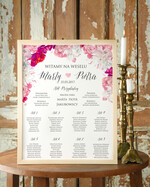 Plany stołów Plakaty Boho planer ślubny plan usadzenia gości na weselu, boho styl kolorowe kwiaty0