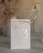 Numery na stół Glamour numerki na stół weselny, złote napisy i grafika, delikatne numerka na stoły weselne, dekoracje stołów na weselu, numeracja stołów na weselu5