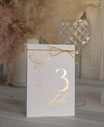 Numery na stół Glamour numerki na stół weselny, złote napisy i grafika, delikatne numerka na stoły weselne, dekoracje stołów na weselu, numeracja stołów na weselu6