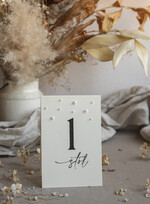 Numery na stół Glamour tabliczka z numerem stołu weselnego, eleganckie numerki na stół z perełkami, numery stołu weselnego z perełkami, delikatny numerek na stół weselny1