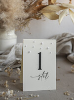 Numery na stół Glamour tabliczka z numerem stołu weselnego, eleganckie numerki na stół z perełkami, numery stołu weselnego z perełkami, delikatny numerek na stół weselny0