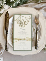 Menu botaniczne podróżnicze  menu weselne z suszoną gipsówką, menu na stoły weselne karta potraw weselnych, karta dań na weselu z suszonymi kwiatami0