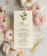 Menu botaniczne podróżnicze  Menu weselne, delikatne i proste menu ślubne, plan podawania posiłków na weselu, karta dań weselnych, eleganckie menu na stoły weselne0