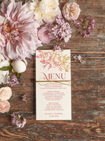 Menu botaniczne podróżnicze  Menu weselne, delikatne i proste menu ślubne, plan podawania posiłków na weselu, karta dań weselnych, eleganckie menu na stoły weselne0