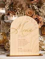 Menu rustykalne drewniane menu na stół weselne, rustykalne menu na stol weselny, złote napisy na menu weselnym, drewniana karta dań, rustykalna karta dan10