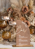 Menu rustykalne rustykalne menu na stol weselny, złote napisy na menu weselnym, drewniana karta dań, rustykalna karta dan, rustykalne ozdoby na stół weselny3