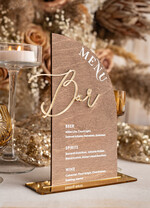 Menu rustykalne rustykalne menu na stol weselny, złote napisy na menu weselnym, drewniana karta dań, rustykalna karta dan, rustykalne ozdoby na stół weselny6