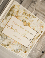 Księgi wpisów gości glamour księga gości na wesele pamiątka ślubu, księga wpisów gości z peoniami złote napisy, elegancka różowo złota księga wpisów gości elegancka księga ślubna10