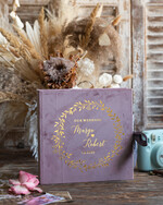 Księgi wpisów gości welurowe Lawendowa Welurowa Księga Wpisów Gości Ecru Kartki Księga wpisów welurowa ze Złotymi Napisami 0