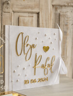 Księgi wpisów gości welurowe welurowa biało złota księga wpisów gości, elegancka księga na wpisy z perełkami ze złotymi napisami, biała welurowa księga wpisów gości z perełkami0